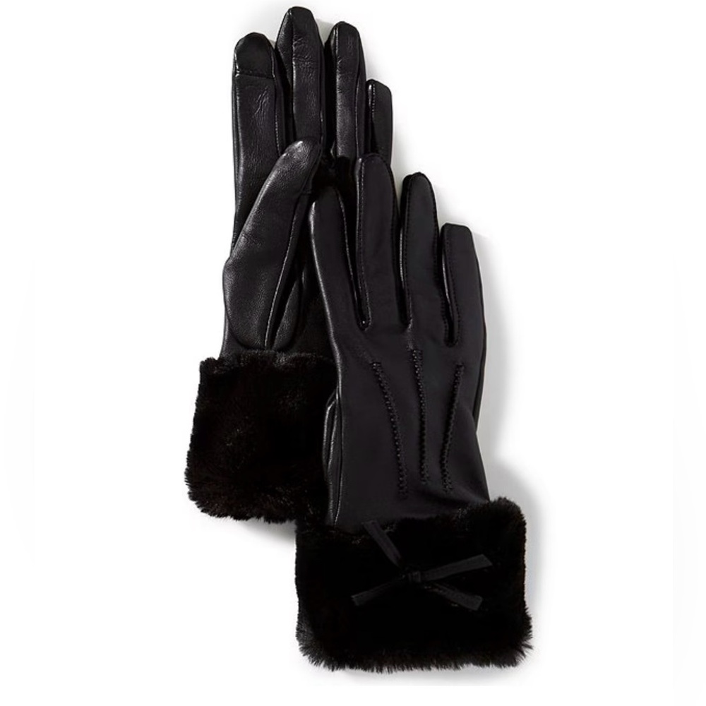NWT SASSO + SMYTH Black Genuine Soft Leather Faux Fur Cuff Gloves